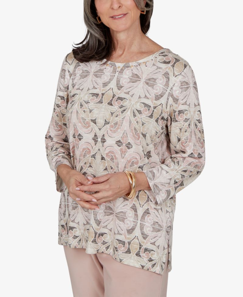 Petite 3/4-Sleeve Crewneck Print Blouse