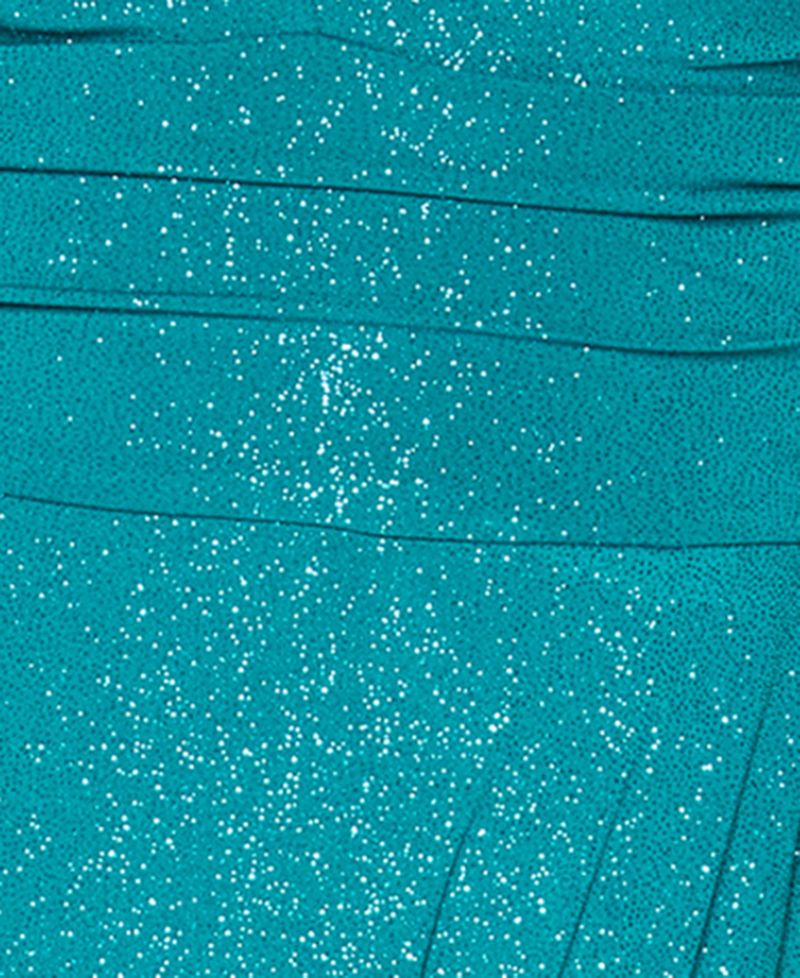 Juniors' Glitter Ruched-Bodice Front-Slit Gown
