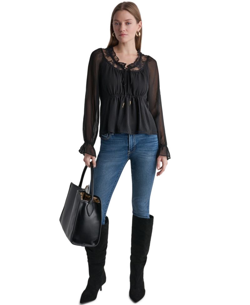 Women's Scoop Neckline Lace-Trim Long-Sleeve Blouse