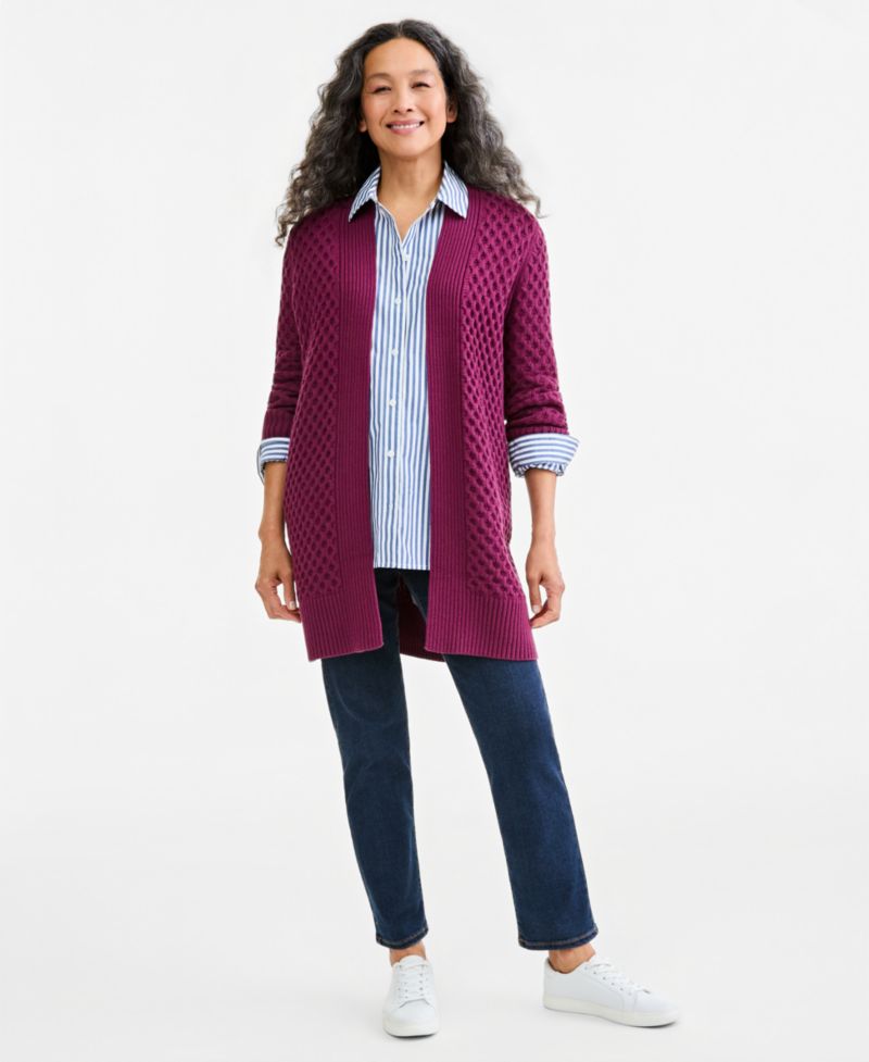 Petite Honeycomb-Knit Open-Front Long Cardigan