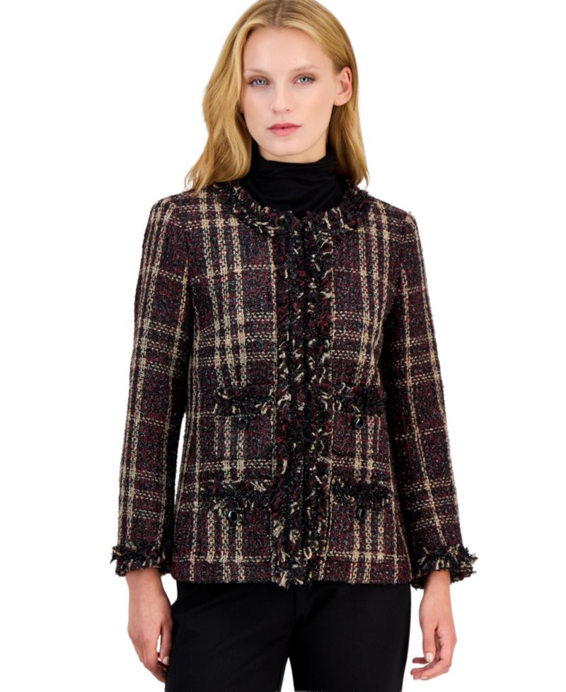 Petite Fringe-Trim Plaid Shawl-Collar Jacket