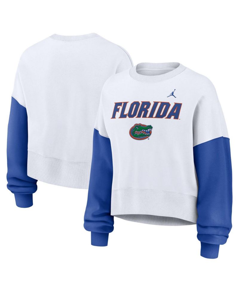 Women's White Florida Gators Color-Block Oversized Cropped Pullover Sweatshirt