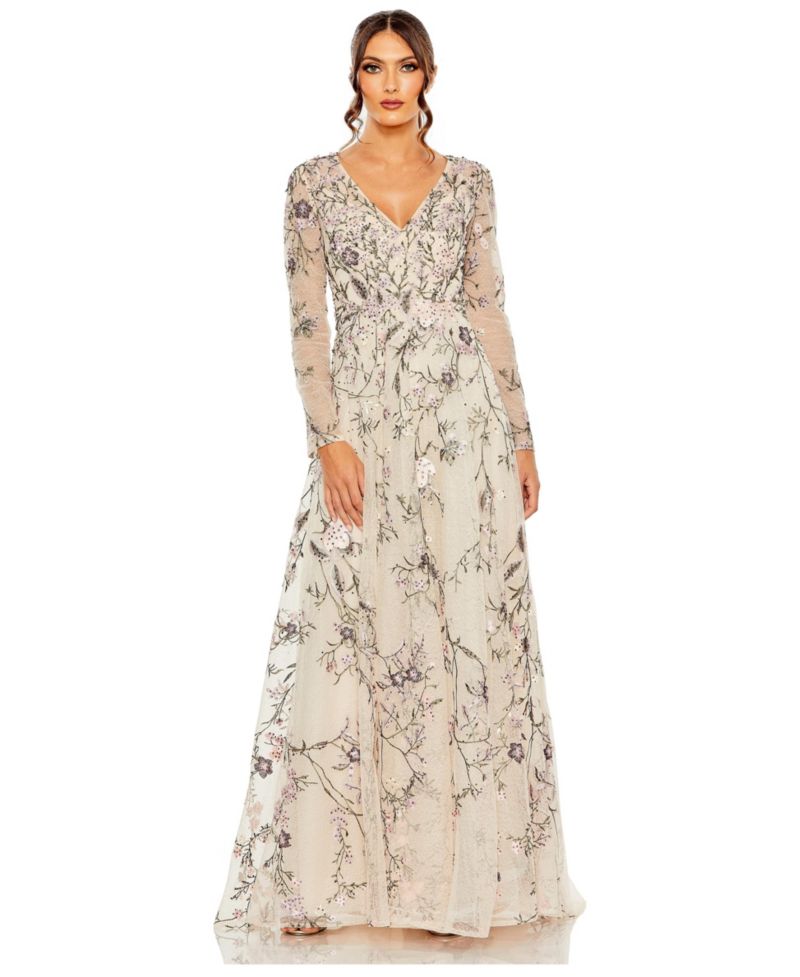 Women's V Neck Long Sleeve Embroidered A Line Gown