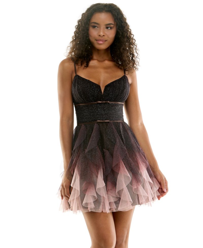 Juniors' Twilight Bloom Glitter Ruffle V-Neck Dress
