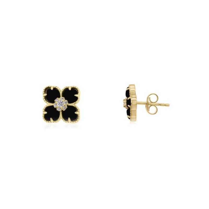 Onyx CZ Flower Stud Earrings 14K Gold-Plated Sterling Silver