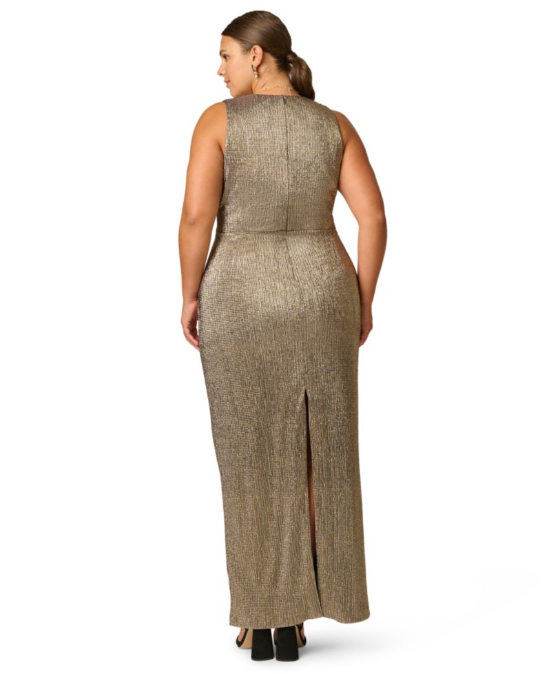 Plus Size Metallic Knit Plunging V-Neck Gown