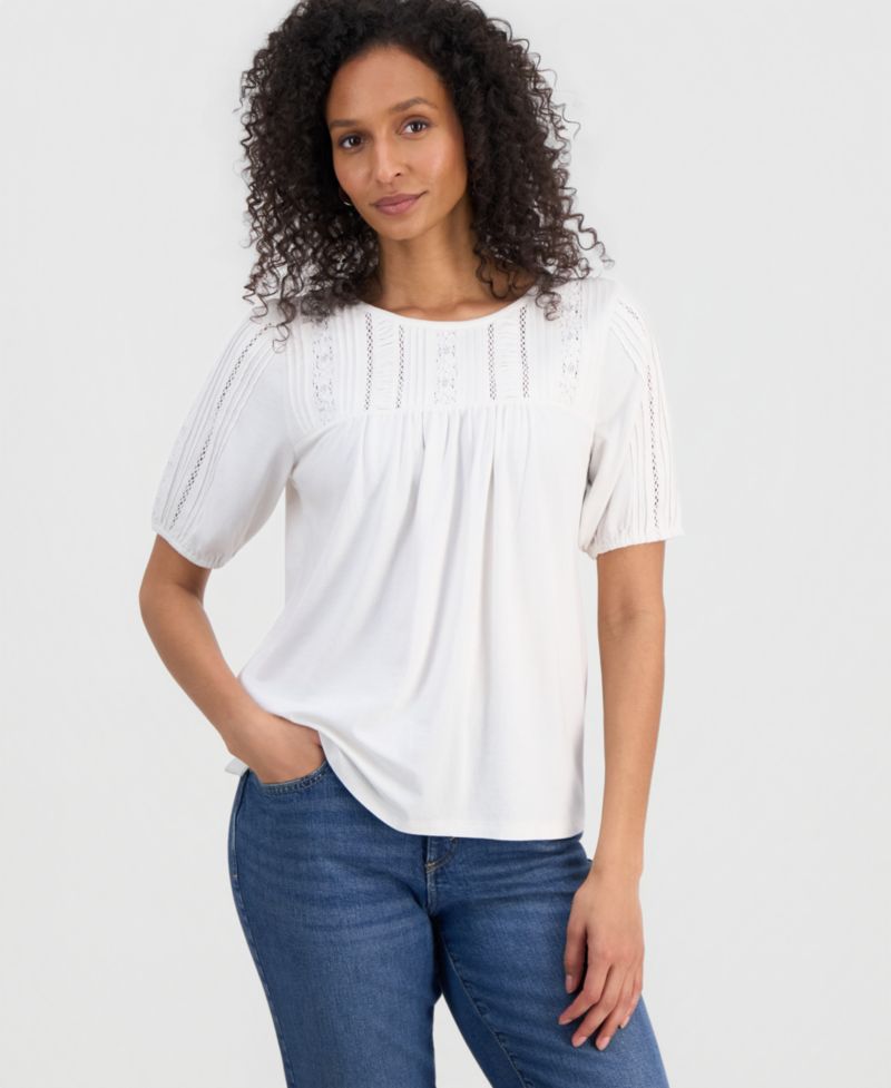 Petite Printed Lace Trim Cotton Short-Sleeve Blouse