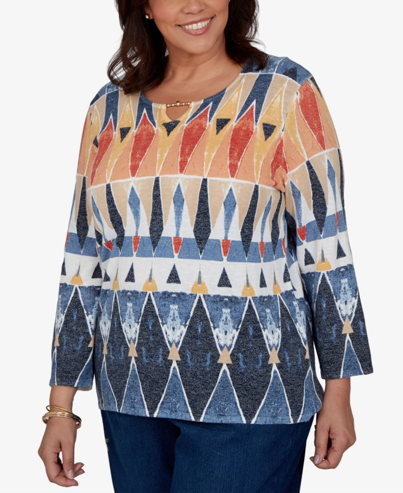 Plus Size 3/4-Sleeve Geometric-Print Keyhole Pullover Sweater