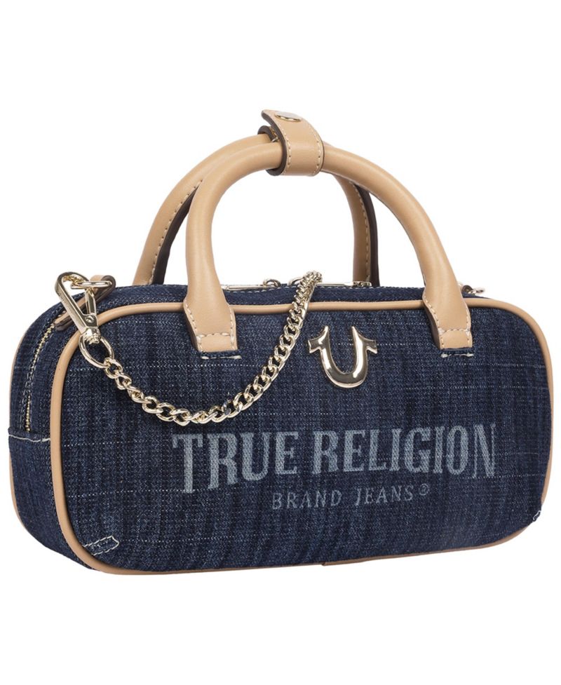 Bentley Denim and PU Mini Satchel - Women s Top Handle Crossbody Handbag with Chain Detail