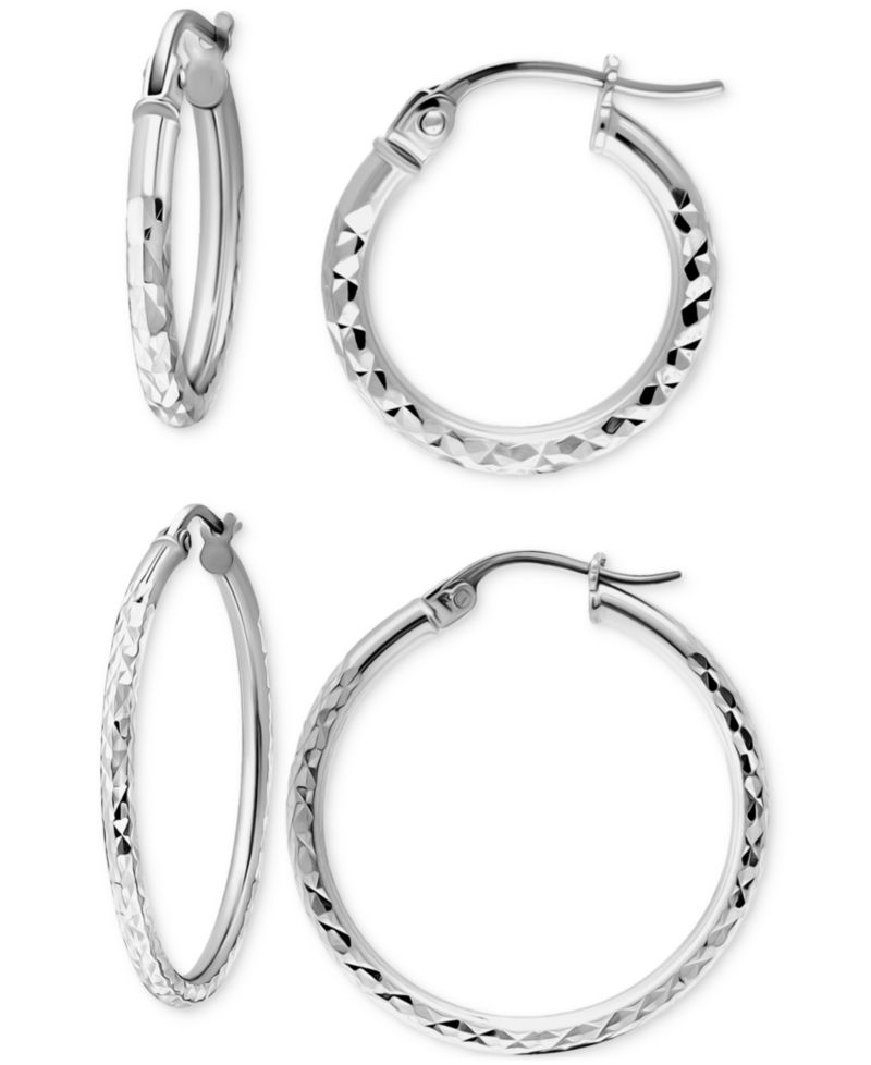 2-Pc. Set Faceted Texture Small Hoop Earrings in Sterling Silver