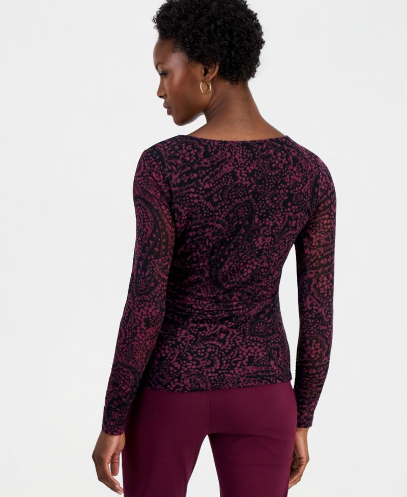 Women's Petite Long-Sleeve Ruched Mesh Top