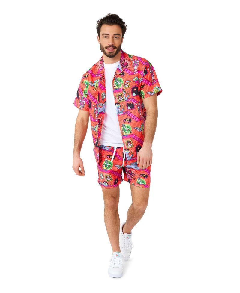 Men's Hawaiian 2 Piece Set - Rick & Morty Summer Beach Wear - Slim Fit - Includes Short Sleeve Shirt and Shorts