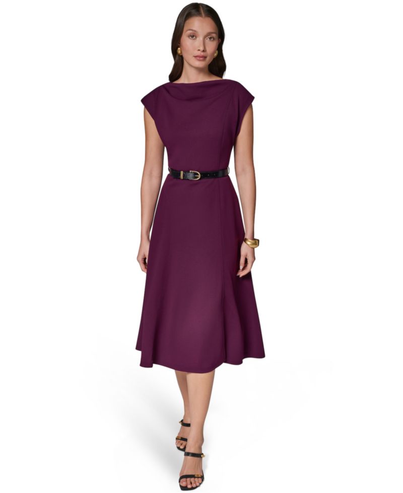 Women's Cap-Sleeve Boat-Neck Belted A-Line Dress