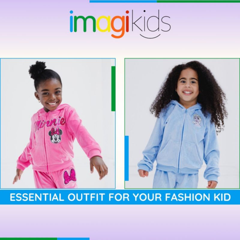 Disney Girls ( 6 to 10-12 ) Minnie Mouse Velour Zip Up Hoodie and Jogger Pants Outfit Set