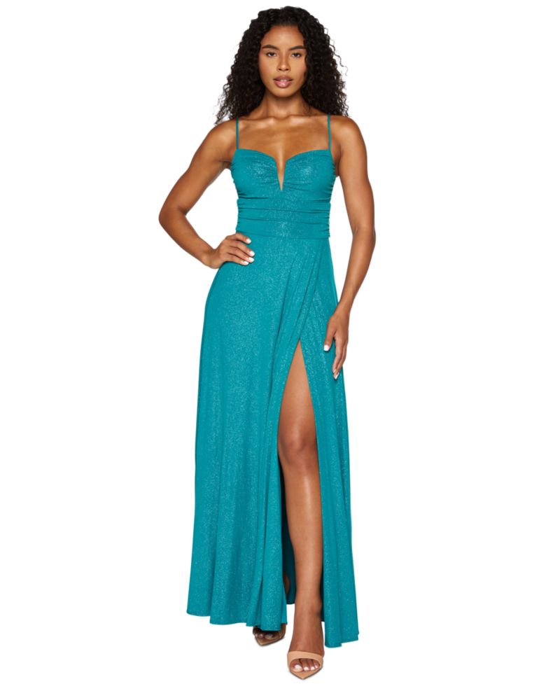 Juniors' Glitter Ruched-Bodice Front-Slit Gown