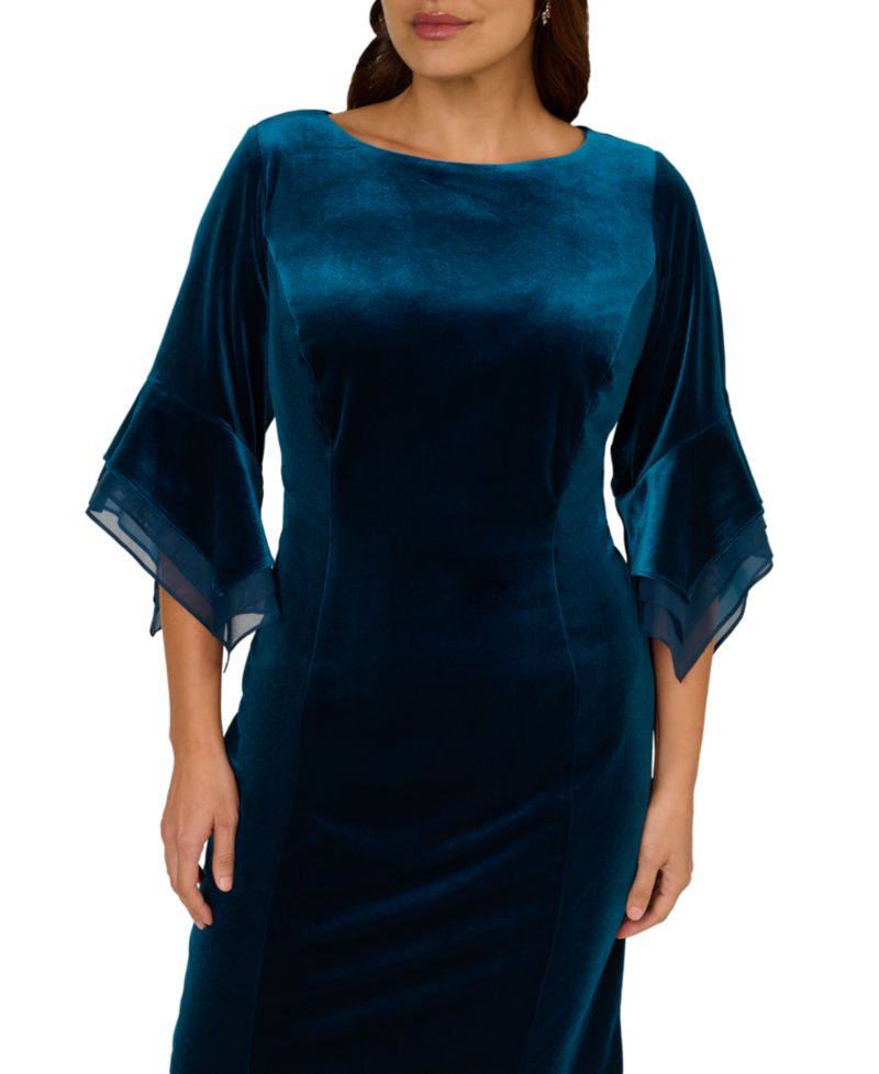 Plus Velvet Bell-Sleeve Mesh-Trim Dress