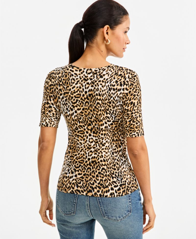 I.N.C. Women's Leopard-Print Fitted Short-Sleeve Crewneck Sweater