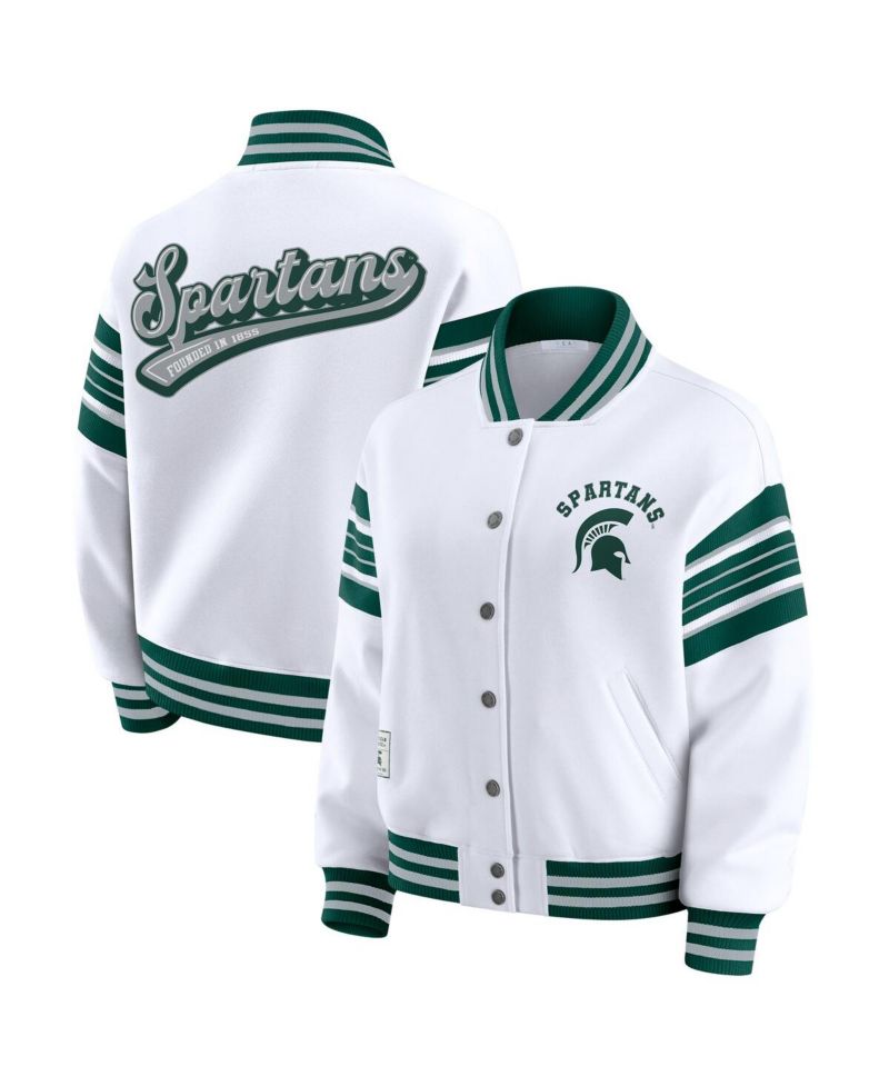 Women's White/Green Michigan State Spartans Satin Stitch Full-Snap Fleece Sweatshirt Jacket