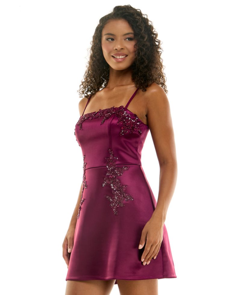 Juniors' Embroidered Sequin Applique A-Line Mini Dress