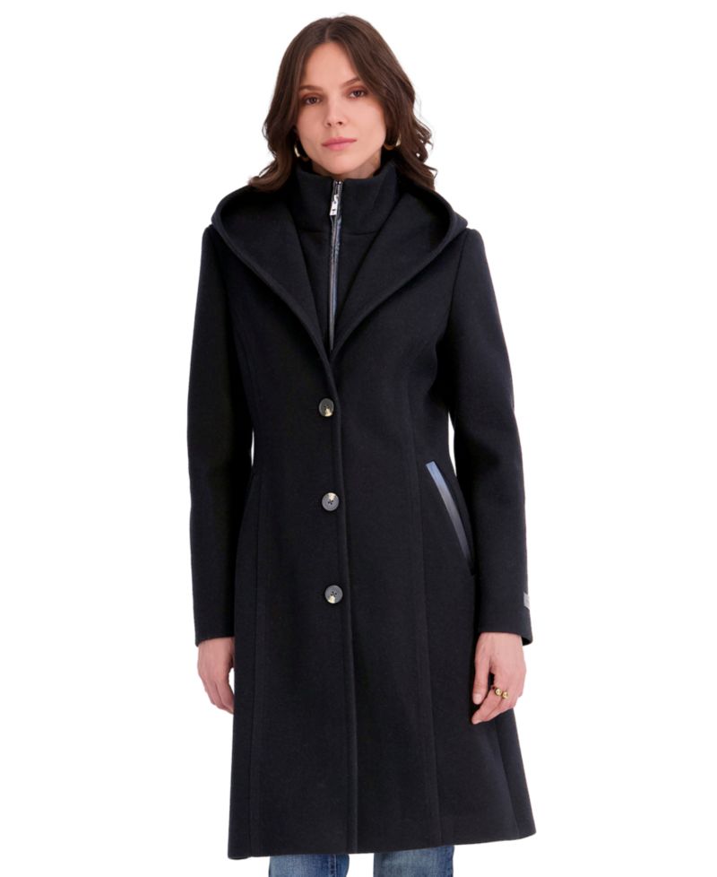 Women's Bibbed Faux-Leather Trimmed Hooded Coat