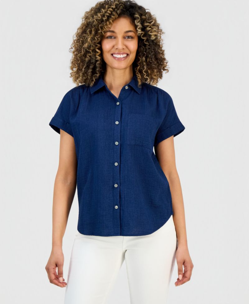 Petite Button-Up Cotton Camp Shirt