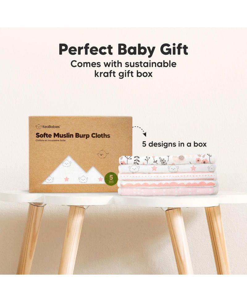 5pk Softe Muslin Burp Cloths for Baby Girls and Boys, Organic Burping Cloths for Babies, Baby Burp Clothes