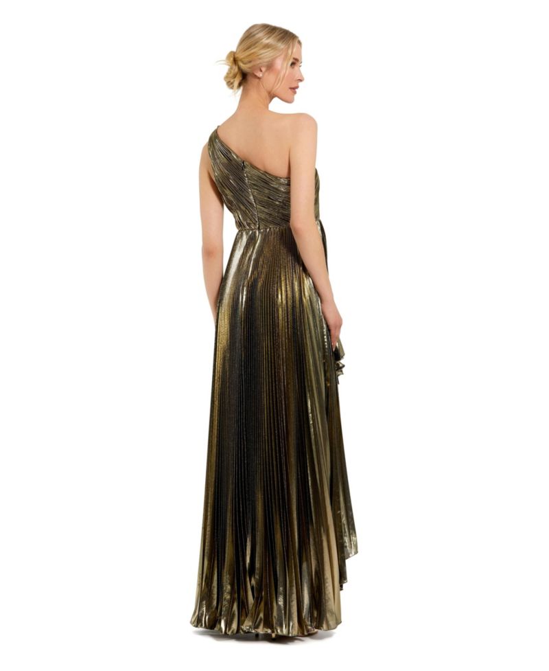 Petite Pleated Metallic One Shoulder High Low Gown