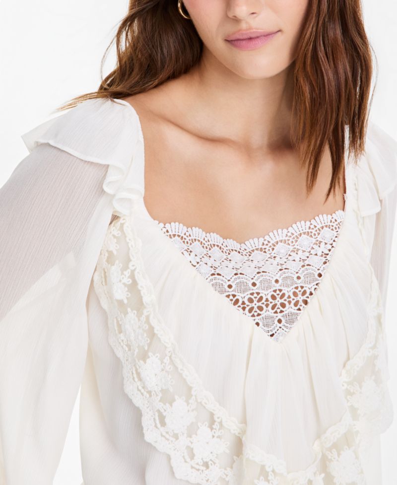 Petite Lace Long-Sleeve Ruffle Blouse