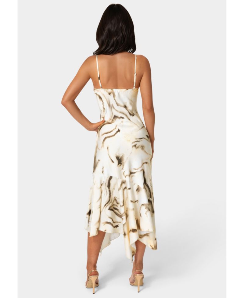 Womens Printed Satin V-Neck Hanky Dress