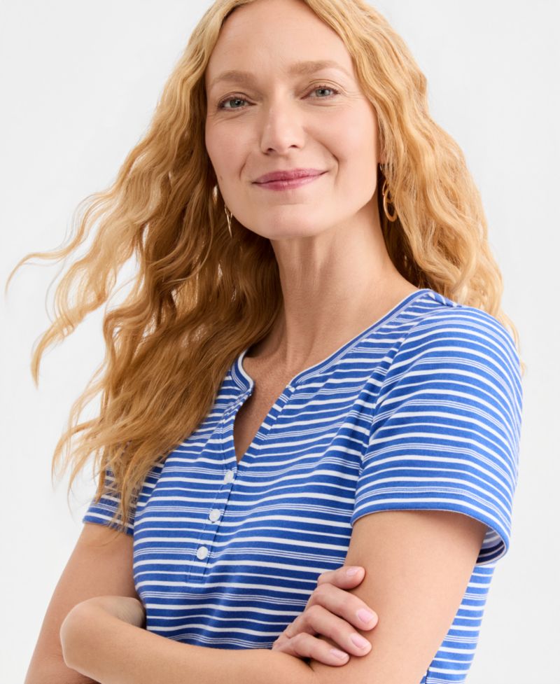 Petite Printed Short-Sleeve Henley Top