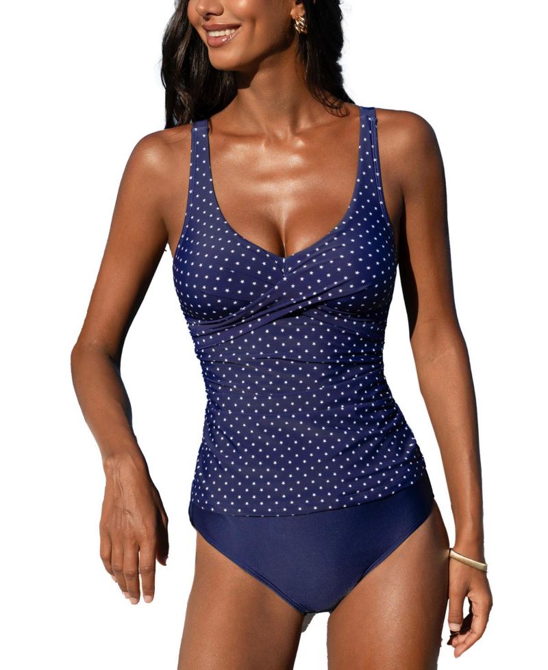 Women's Wrapped Tankini Top & Tropical Mid-Rise Bottoms Set