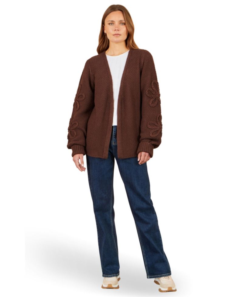 Women's Chunky-Knit Flower-Detail-Sleeve Cardigan