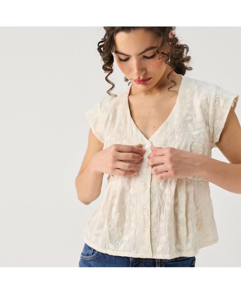 Women's Cream Embroidered Deep V-Neck Top