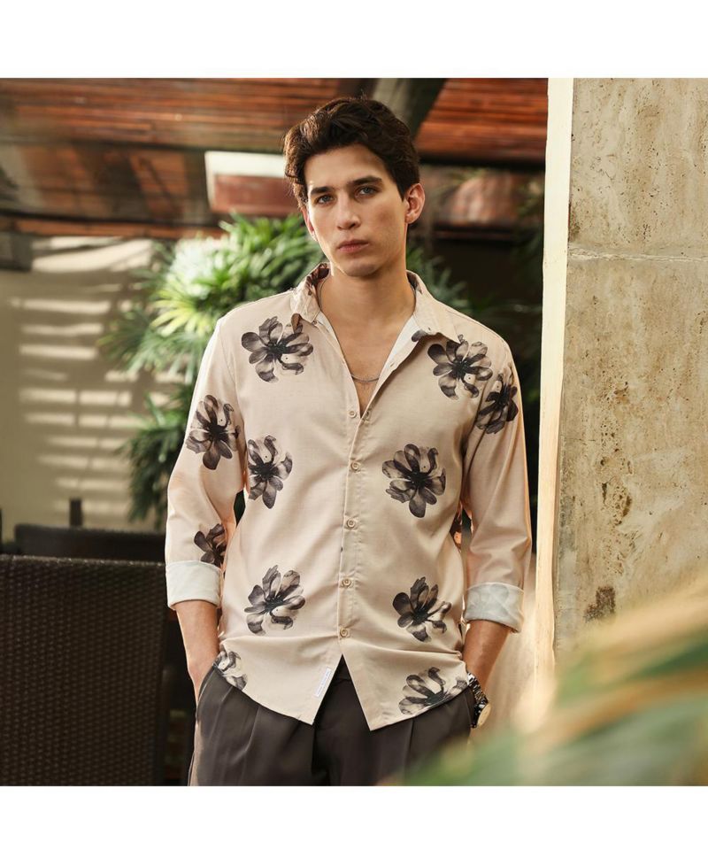 Men's Ecru Beige & Midnight Black Withering Flora Imprint Shirt