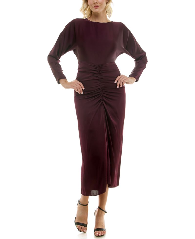 Women's Ruched Satin Dolman-Sleeve Midi Dress