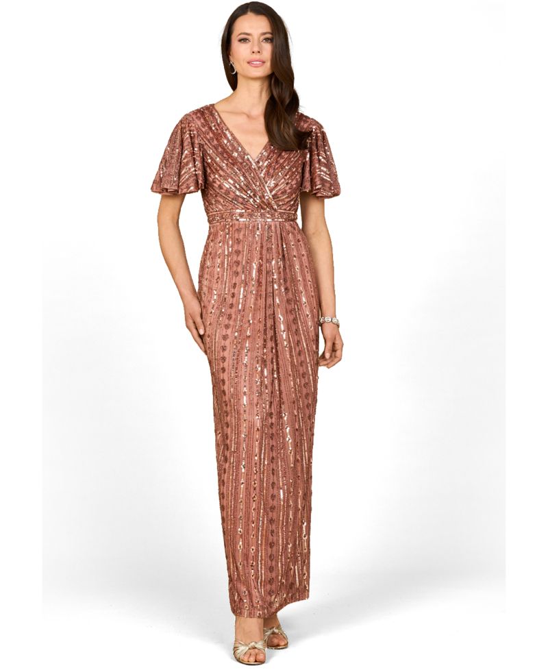 Women's Fully Beaded Gown with Flutter Sleeves