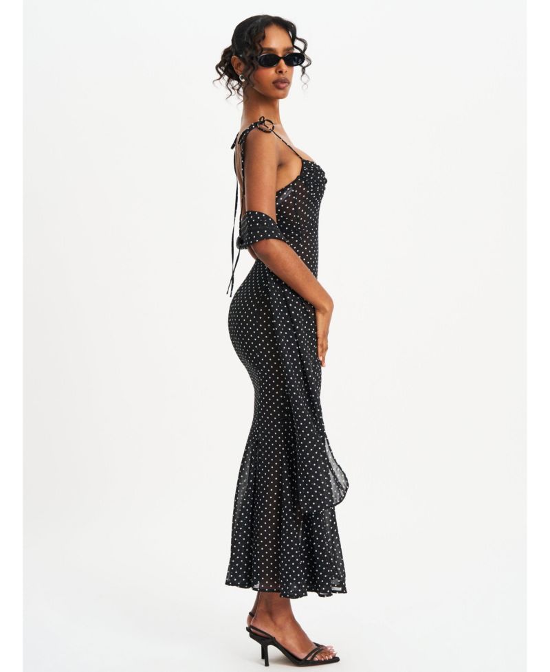 Women's Yadira Black Base Polka Dot Chiffon Maxi Dress