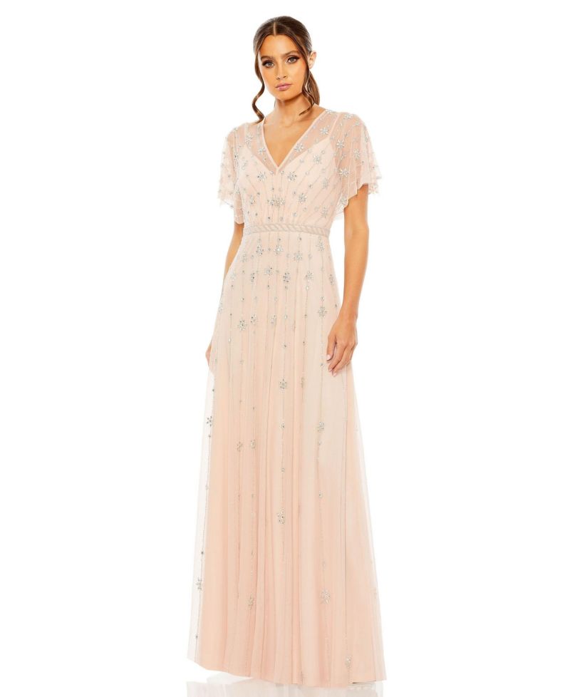Women's V-Neck Embellished Flutter Sleeve A Line Gown