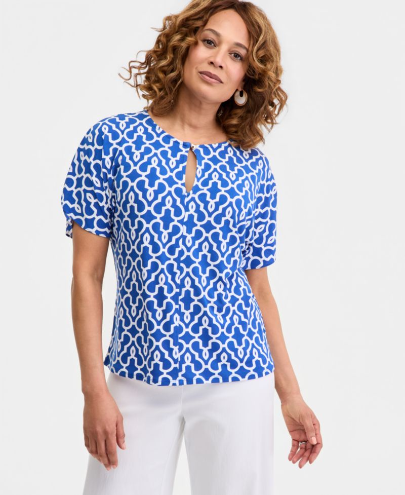 Petite Printed Keyhole Split-Sleeve Top