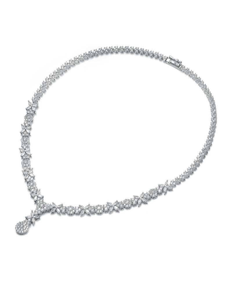 Elegant White Gold Plated Floral Cluster CZ Statement Necklace