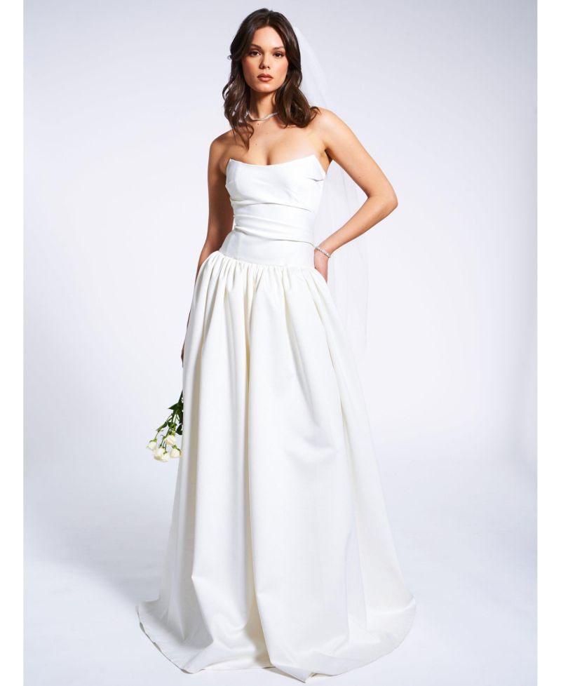 Women's Umay White Drop Waist Satin Corset Bridal Gown