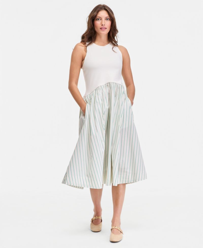 Women's Curved-Waist Mixed-Media Midi Dress