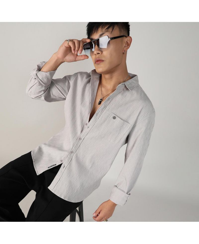 Men's Greige Textured Ruched Shirt