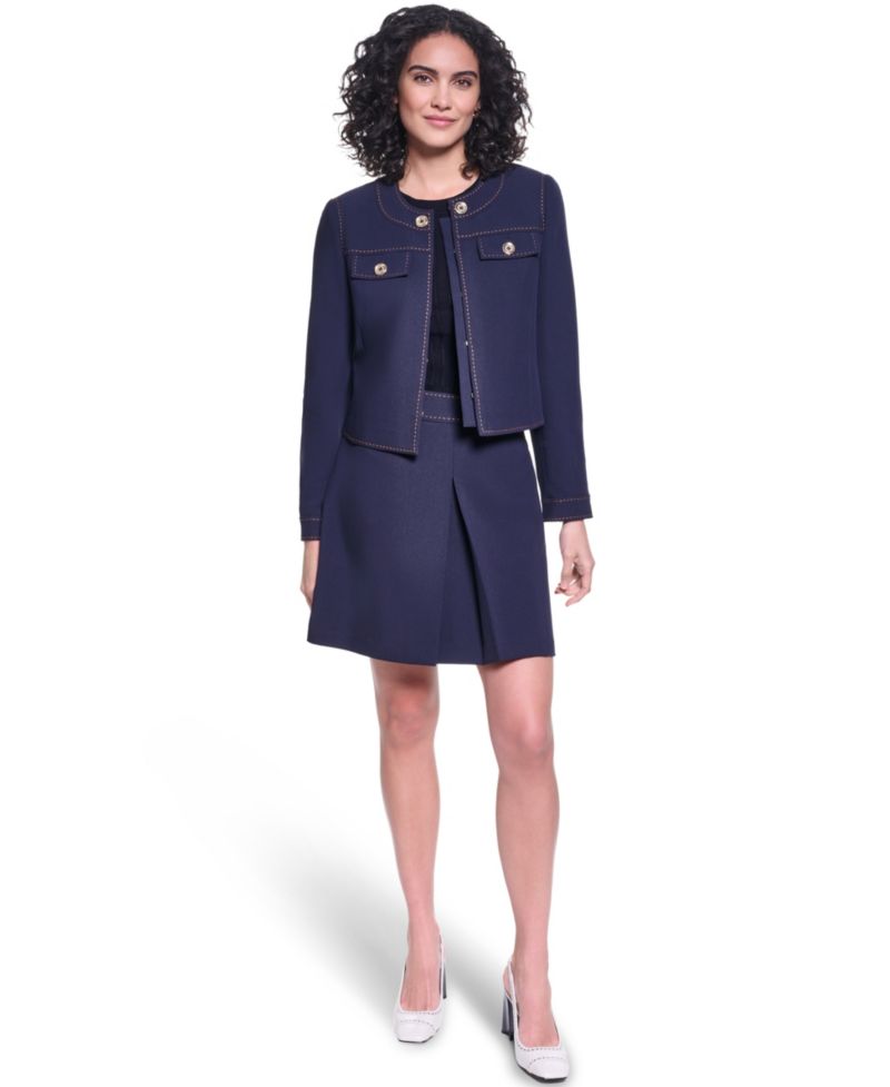 Women's Twill Contrast Stitch Round Neck Cropped Jacket