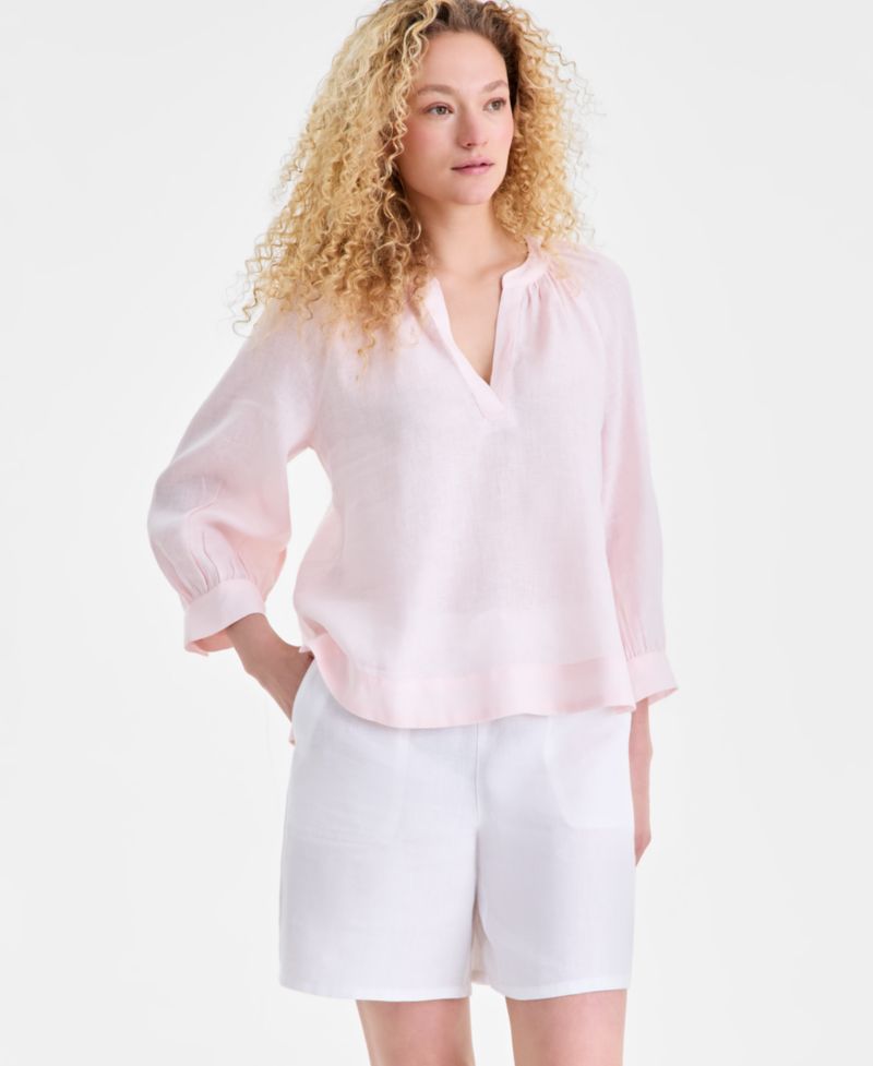 Women's 100% Linen Split-Neck 3/4-Sleeve Blouse