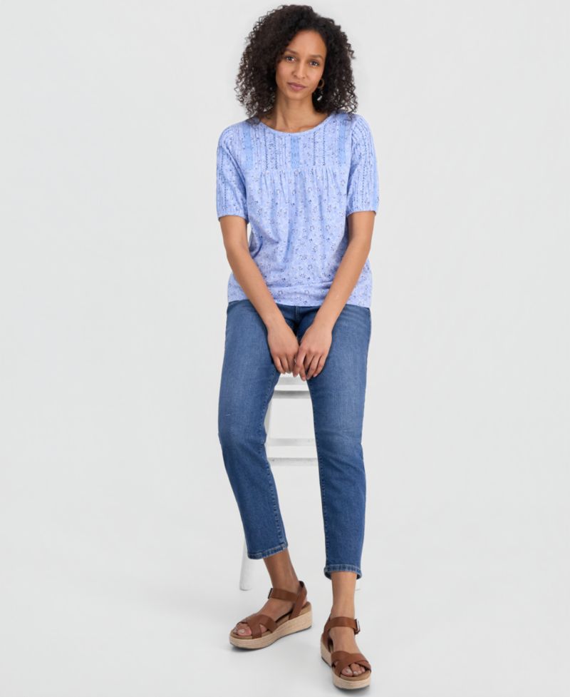 Petite Printed Lace Trim Cotton Short-Sleeve Blouse