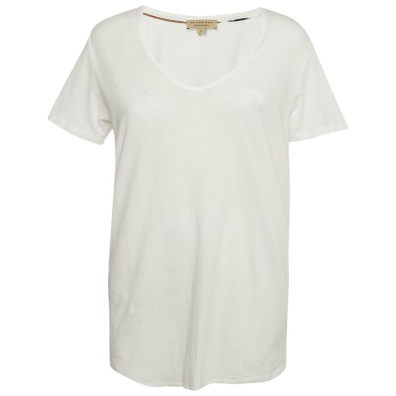 Women's White Logo Embroidered Cotton V-Neck T-Shirt