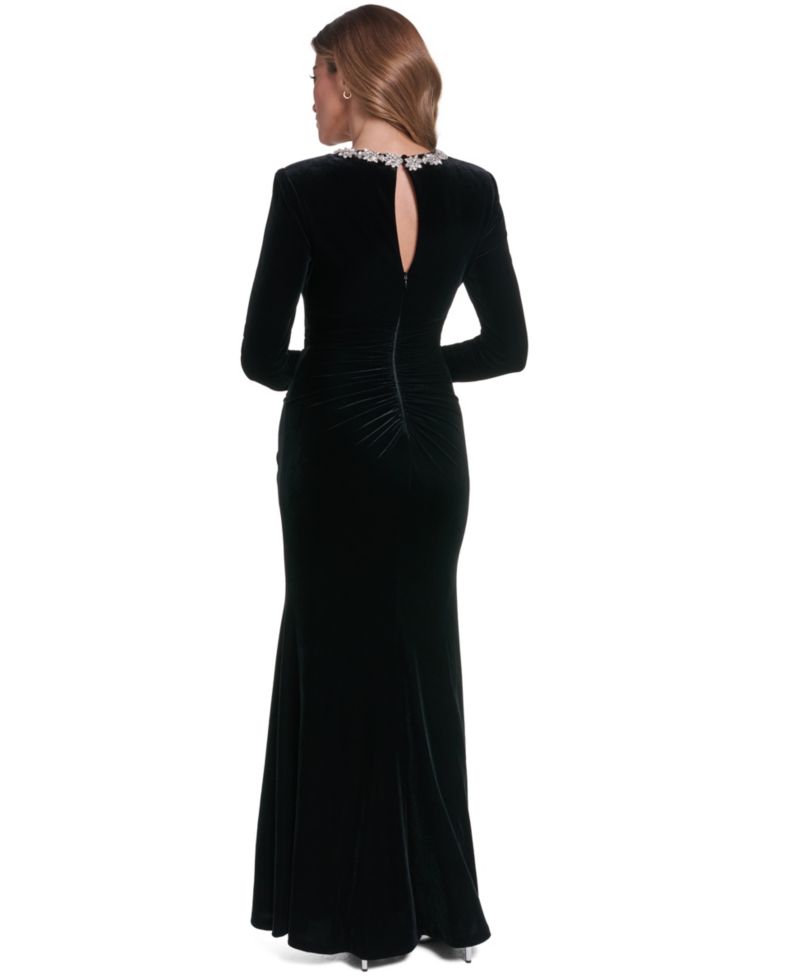 Women's Long-Sleeve Embellished Jewel Neck Mermaid Velvet Gown