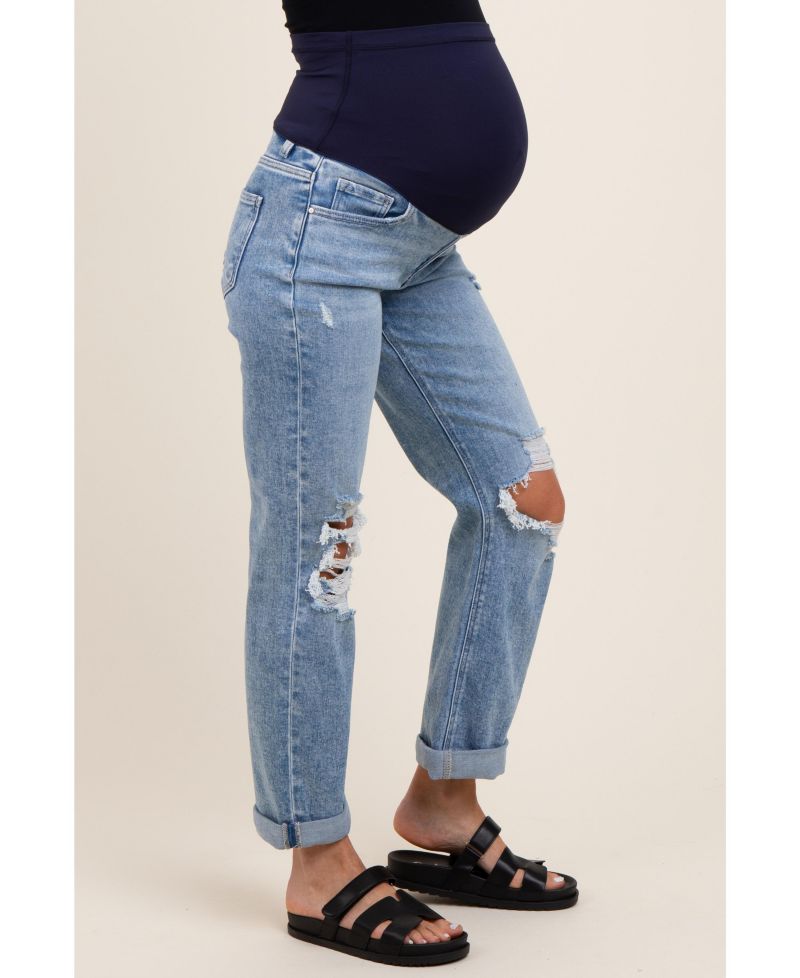 Women's Light Blue Ripped Knee Rolled Cuff Straight Leg Jeans