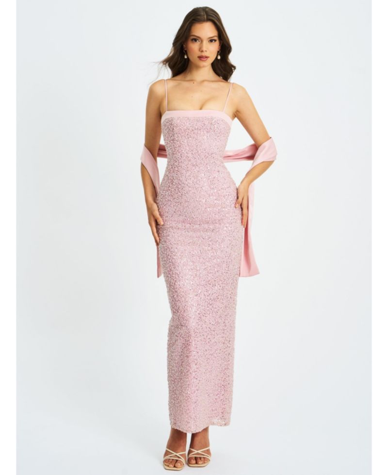 Women Raizel Pink Beaded Sequin Bodycon Gown with Scarf